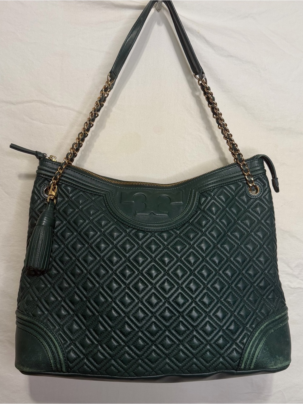 Tory Burch Fleming Norwood Green Quilted Leather Tote Bag with Tassel